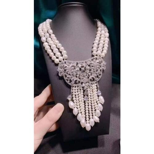 Womens jewelry 3rows 45-48cm court temperament micro inlaid zircon accessories white freshwater pearl necklace