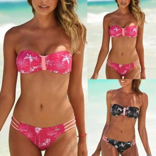 Women Fashion High Waist Padded Bra Bikini Set Floral Printed Swimwear Swimsuit