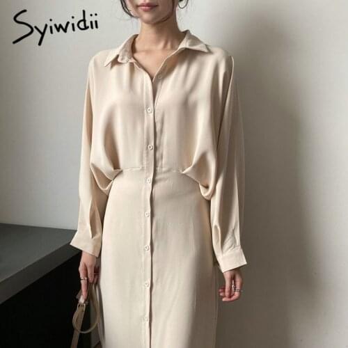 Syiwidii Button Up Shirt Dress Women Long Lantern Sleeve Turndown Collar Summer 2021 New Korean Fashion Office Lady Long Dresses