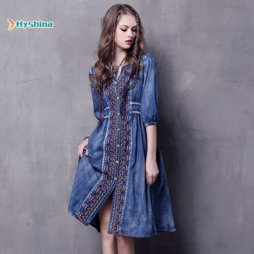 Womens New Large Embroidery Denim Dress Skirt Ethnic Drawstring Mid Sleeve Dress