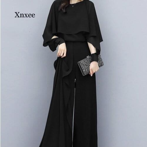 Spring and Summer Womens Elegant Fashion Two-Piece Womens Chiffon Bat Sleeve Shirt + High-Waist Wide-Leg Pants Cover Ladies Tr