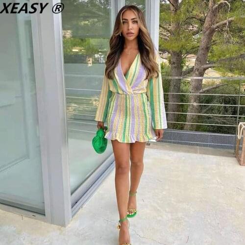 XEASY 2021 Women Female Colorful Striped Print Dress Vintage Hem Elastic Pleated Slim Ruffles Female Mini Dresses Vestidos