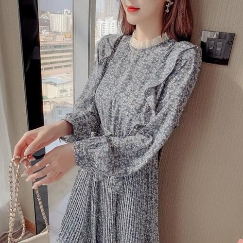 Spring Floral Chiffon Dress Pleated 2021 New Autumn Womens Clothing French Retro Trend Fashion Female Robe Long Sleeve zh408
