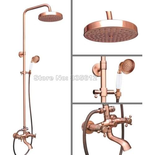 Antique Red Copper Bathroom Round Shower Head Wall Mount Rain Shower Faucet Set with Dual Handles Clawfoot Tub Mixer tap Wrg515
