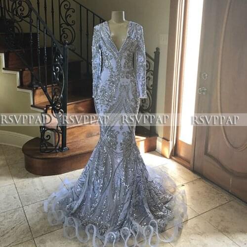 Real Picture Sparkly Long Prom Dresses 2021 Mermaid V-Neck Long Sleeve Silver Sequin African Black Girl Gala Prom Dress