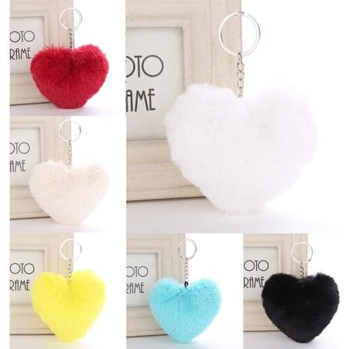 Fluffy Pompom Keychain Soft Solid Color Heart Shape Pompom Faux Rabbit Fur Ball Car Handbag Key Ring Gift Accessories 8 Colors