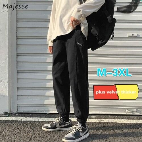 Men Casual Pants Plus Size 3XL Solid Loose Trousers with Velvet Thicker Male All-match Ins Chic Daily Korean Style Streetwear