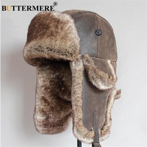 BUTTERMERE Leather Mens Bomber Hat Fur Winter Hat Soviet Ushanka Hat Russian Brown Warm Ski Cycling Earflap Male Trapper Hat