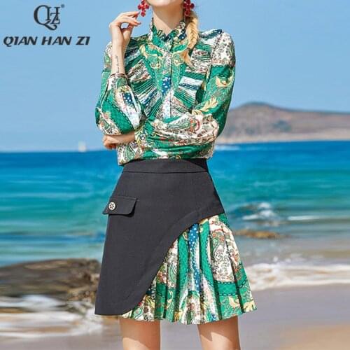 Qian Han Zi high-end custom 2-piece set Women retro fashion green print ruffled long-sleeved shirt+stitching pleated skirt suit