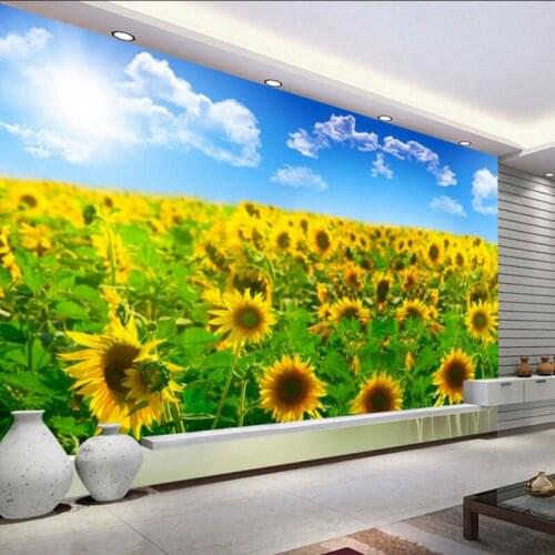 Custom mural Blue sky white clouds sunflower field mural living room restaurant hotel mural corridor decorative painting