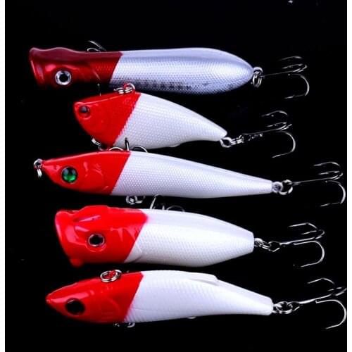 Fishing Hard Baits 5pcs with Plastic Box Popper VIB Pencil Minnows Mix Size Lures Red Head White Body Artificial Baits Fishhooks