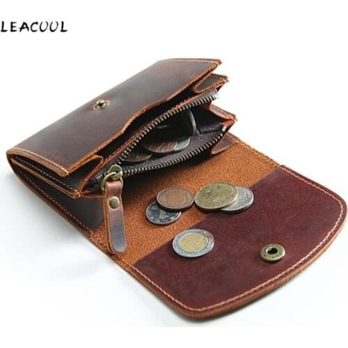 100% Genuine Leather Short Wallet Men Vintage Handmade Crazy Horse Cowhide Purse Small Mini Zipper Coin Card Holder Pocket