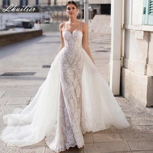 Lhuilier Lace Appliques Mermaid Wedding Dresses 2020 Sleeveless Spaghetti Straps Beaded Detachable Train Tulle Bridal Gowns