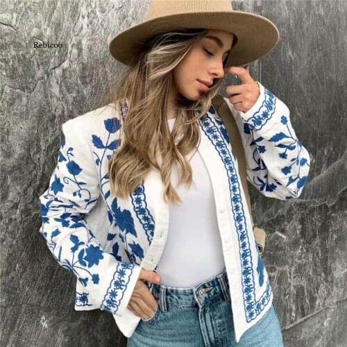 Woman Elegant Blue Embroidery Cotton Jacket Spring Chic Female Loose Soft Button Outwear Ladies Streetwear Floral Jackets