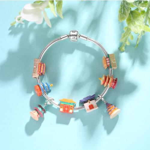 Ancient Chinese Architecture 925 Sterling Silver Colorful Enamel Charms Fit Original Pandora Bracelet Hight Quality Fine Jewelry