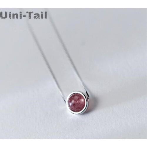 Uini-Tail Hot New 925 Sterling Silver Simple Pink Natural Strawberry Crystal Necklace Peach Pink Pink Wafer Bead Necklace GN408