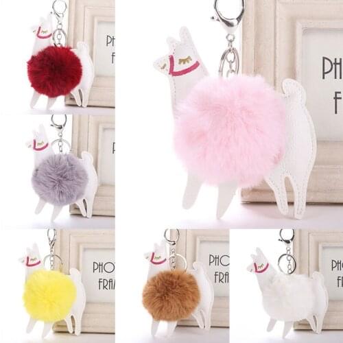 Alpaca Shape Fluffy Fur Pompom Key Chains Women Car Bag Pendant 12*18 cm Cute Animal Faux Fur Keychain Keyring Girl Gifts