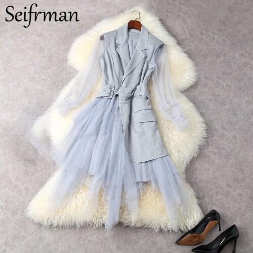 Seifrmann New 2021 Summer Women Fashion Runway Party Asymmetrical Dress Lantern Sleeve Elegant Slim Ladies Patchwork Dresses