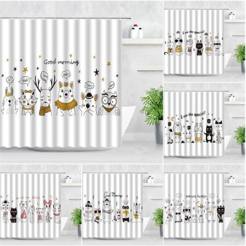 Cartoon Animals Shower Curtains Cute Cat Dog Fox Bear Simple Creative Modern Children Bathroom Decor With Hooks Bath Curtain Set