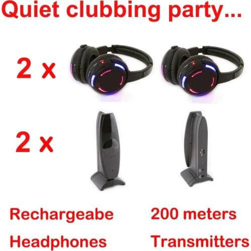 Silent Disco compete system black led wireless headphones - Quiet Clubbing Party Bundle (2 Headphones + 2 Transmitters)