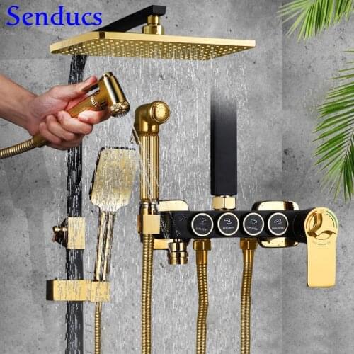 Bathtub Mixer Faucet Luxury Digital Shower Set Rainfall White Gold Bathroom Shower System Square Brass Bathroom Faucets