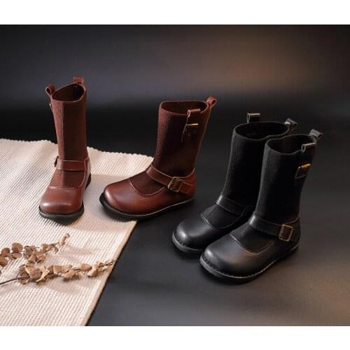 High Top Girls Shoes New Children Winter Boots Buckle Kids Socks Boots Leather Kids Shoes Solid Color Princess Dress Shoes Botas