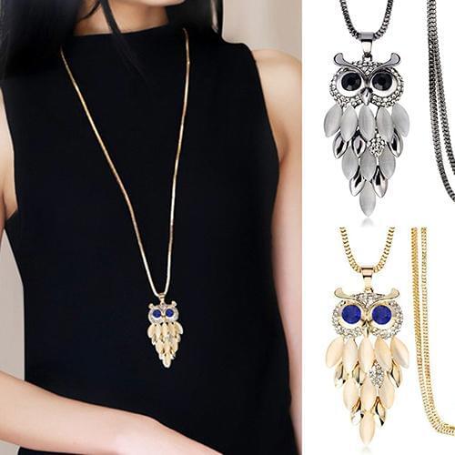 Womens Lovely shining Owl Pendant Rhinestone Long Sweater Box Chain Necklace Jewelry