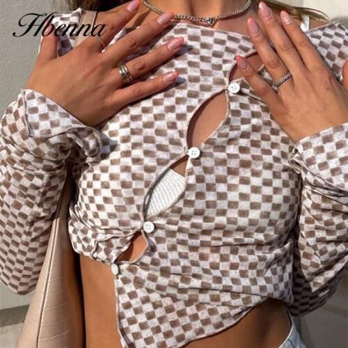 Hbenna Plaid Print Long Sleeve Cropped Tee Women Slim Fashion Y2K Crop Top Women Slim Button Hollow Out Sexy Streetwear Bodycon