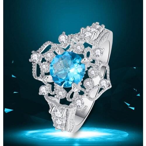 J.C Round Cut Blue Topaz & Ruby Spinel 925 Sterling Silver Ring Size 6 7 8 9 Women Party Blue Wedding Jewelry Gift