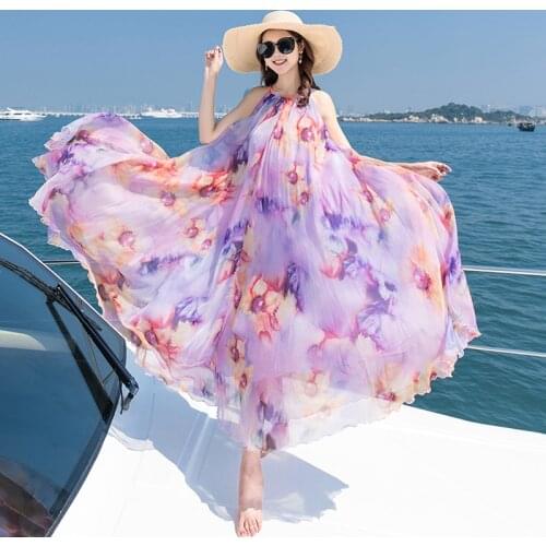 3 Colors Women Maxi Chiffon Floral Dress Summer 2020 Runway Fairy Elegant Party Dress Boho Tropical Beach Vacation Sundress New