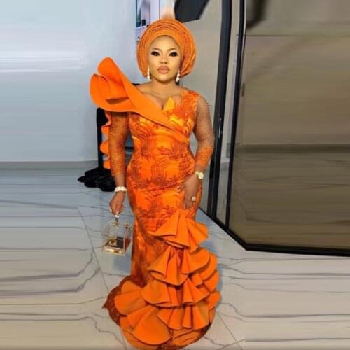 Nigerian Evening Dress Peplum Orange Applique Mermaid Long Evening Dresses Tulle Sleeves Illusion vestido de festa longo