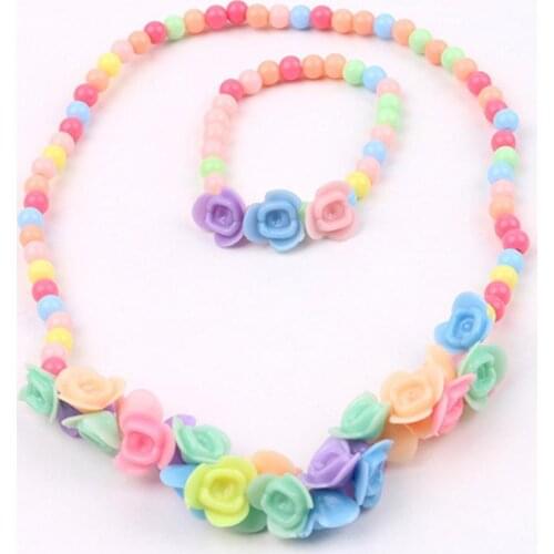 Kids Girls Lovely Multicolor Beads Flowers Necklace Bracelet 2 in 1 Party Jewelry Set