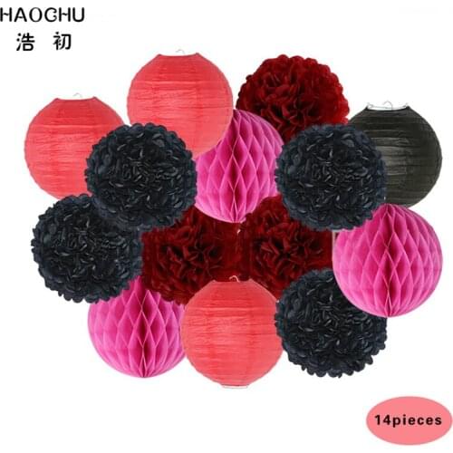 HAOCHU 14pcs/set 20cm Red Tissue Paper Pom Pom Flower Ball Round Paper Lantern for Christmas New Year Party Decoration Set