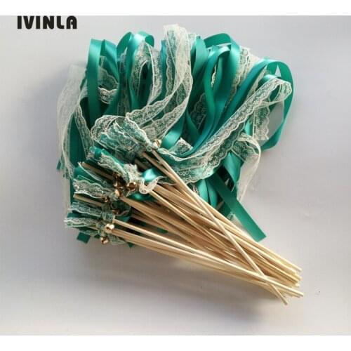 Newest 50pcs/lot Green Wedding Ribbon Wands With Gold Bell and Cream Lace