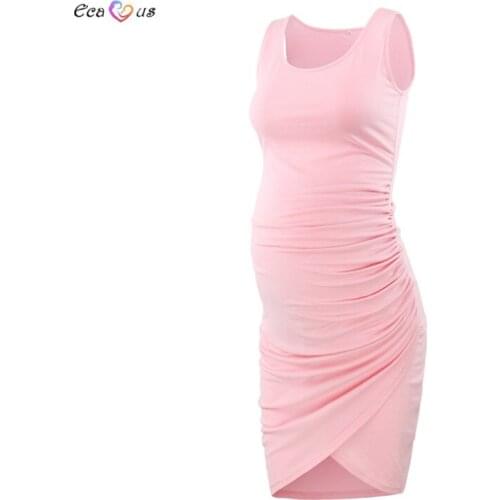 Maternity Clothes Sleeveless Wraped Ruched Maternity Dress Tank Tops Knee Length Pregnancy Summer Casual Premama Dress Pink