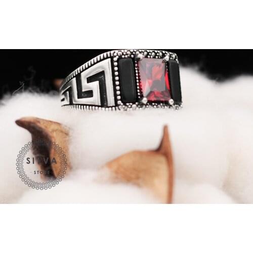 Original 925 Silver Mens Ring. Man Jewellery Ring With Bakelite, Zircon And Margazit Stones