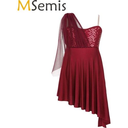 MSemis Latin Dance Competition Dresses Kids Girls Sequins Side Split Irregular Hem Dress for Contemporary Praise Dance Dress