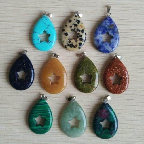2018 fashion assorted natural stone drop shape Five-pointed star hollow charms pendant fit Necklaces making 10pcs/lot wholesale