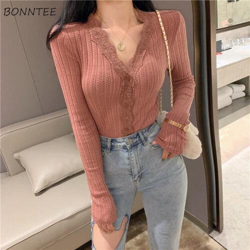 Pullovers Women V-neck Lace Knitting Solid Full Sleeve Casual Slim Elegant Daily All-match Basic Sexy Ladies Sweater Spring New