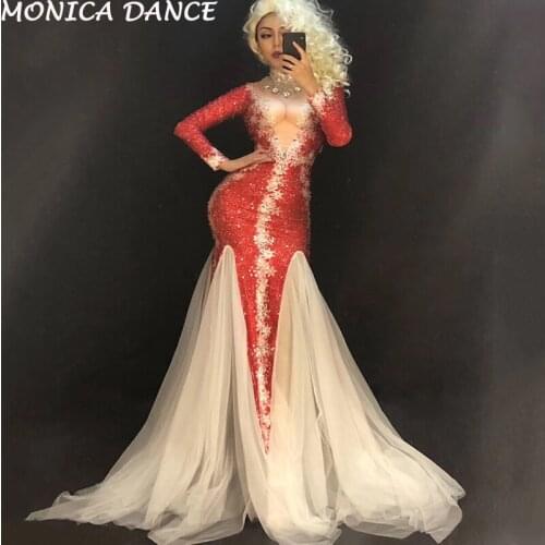 Christmas Women Sexy Stage Red Long White Yarn Bling Dress Sparkling Crystals Nightclub Party Stage Wear Dancer Singer Dress