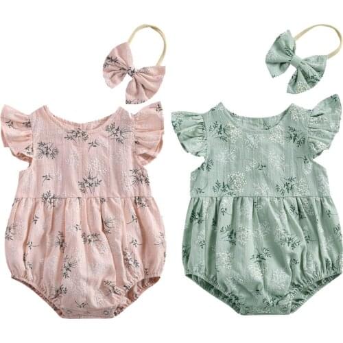 Baby Floral Printed Romper with Headband Cotton Round Collar Fly Sleeve Jumpsuit+Hair Band for Girls Newborn Baby Girl Jumpsuit