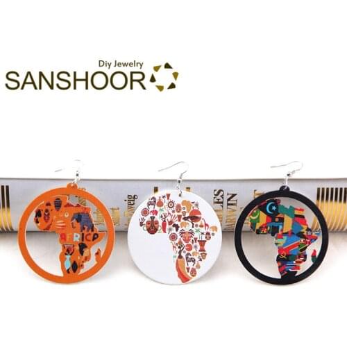 SANSHOOR Colors Of African Tribe Culture Wood Earrings Afrocentric Ethnic Artistic Jewelry For Women Christmas Gifts 6Pairs/lot