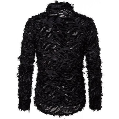 Sexy Black Shirt Men 2020 Fashion Feather Long Sleeve Mens Dress Shirts Nightclub Party Prom Social Shirt Male Camisa Hombre