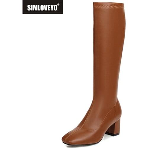 SIMLOVEYO 2021 Fashion Ladies Knee High Boots Stretch Sexy Zip Square Toe 5CM 7CM Block Heel Size 31-48 Black Yellow Beige A4440