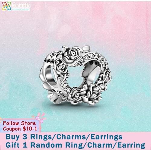 Smuxin 925 Sterling Silver Beads Open Heart & Rose Flowers Charm fit Original Pandora Bracelets for Women Jewelry Making Gift