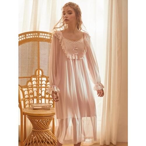 Vintage Royal Womens Long Sleepwear Long Sleeve Elegant Princess Gauze Modal Holiday Loose Nightdress Girls Gift Spring Autumn