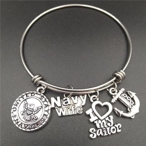High Polished Stainless Steel Adjustable Wire Bangle Navy Wife I Love My Sailor Charm Military Bracelet DIY Bracelets for Women