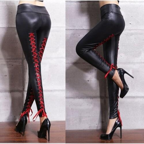 Women Sexy Lace Bandages Leather Pants Black PVC Leggings Goth Fetish pu Faux Leather skinny Pants Punk Rock Wet Look Club Wear