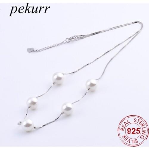 Pekurr 925 Sterling Silver 8.5mm White Shell Pearl Necklaces For Women Long Box Chains Pendants Fashion Jewelry Gifts