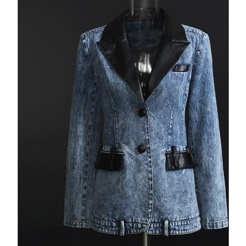 Women Denim Blazer Leather Patchwork Spring Autumn Colorblock Blazer Coat